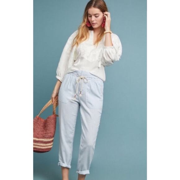 Anthropologie Seashore Linen Blend Pants Women XS Blue Striped Rope Belt Crop - Picture 16 of 16